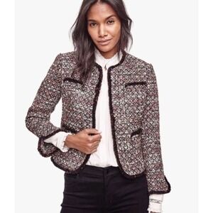 Ann Taylor Tweed Multicolor Sequin Shimmer Open Front Fringe Jacket‎ Blazer 12